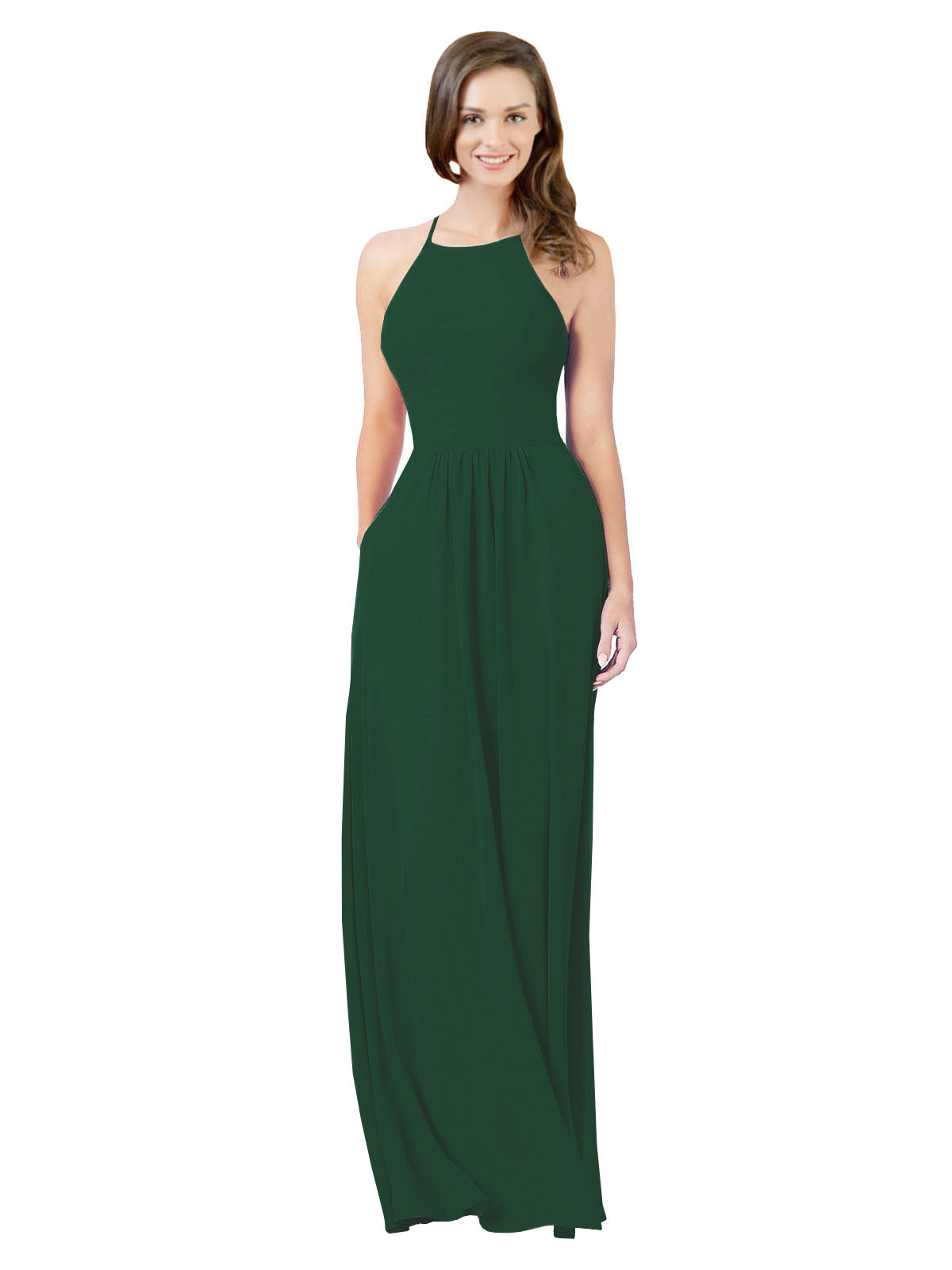 Dark Green A-Line Halter Sleeveless Long Bridesmaid Dress Cindy