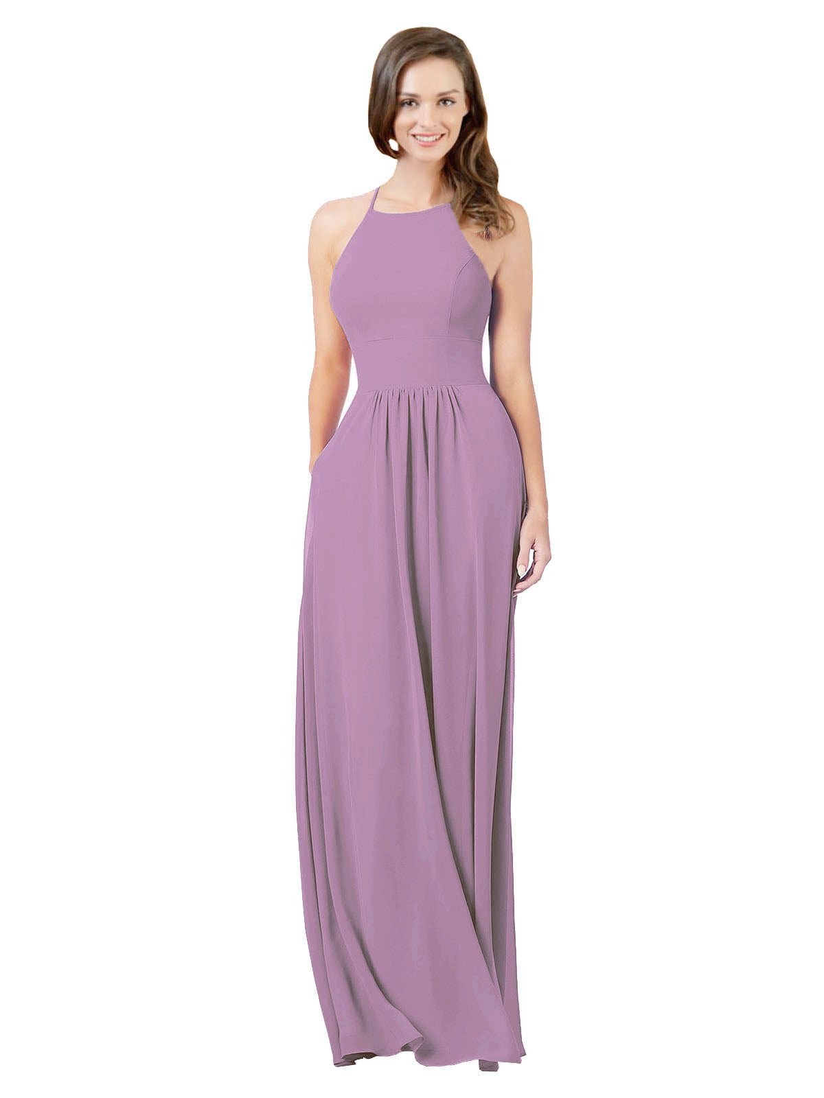 Dark Lavender A-Line Halter Sleeveless Long Bridesmaid Dress Cindy