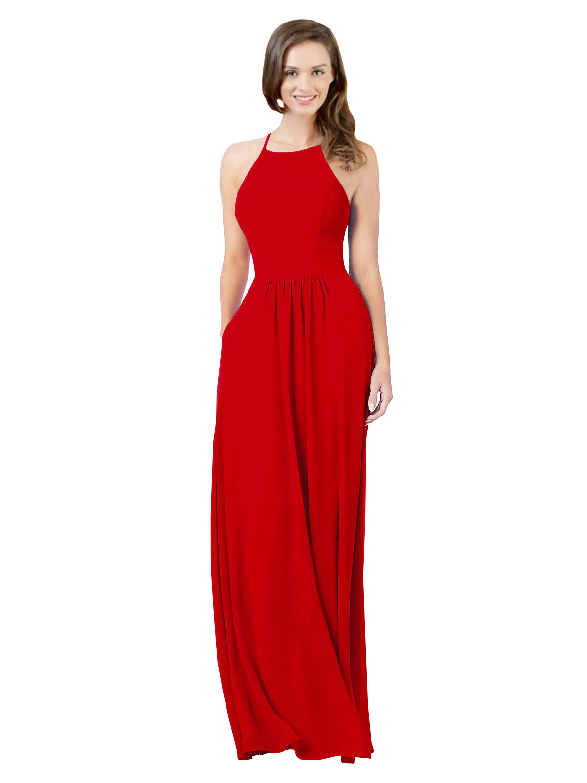 Dark Red A-Line Halter Sleeveless Long Bridesmaid Dress Cindy
