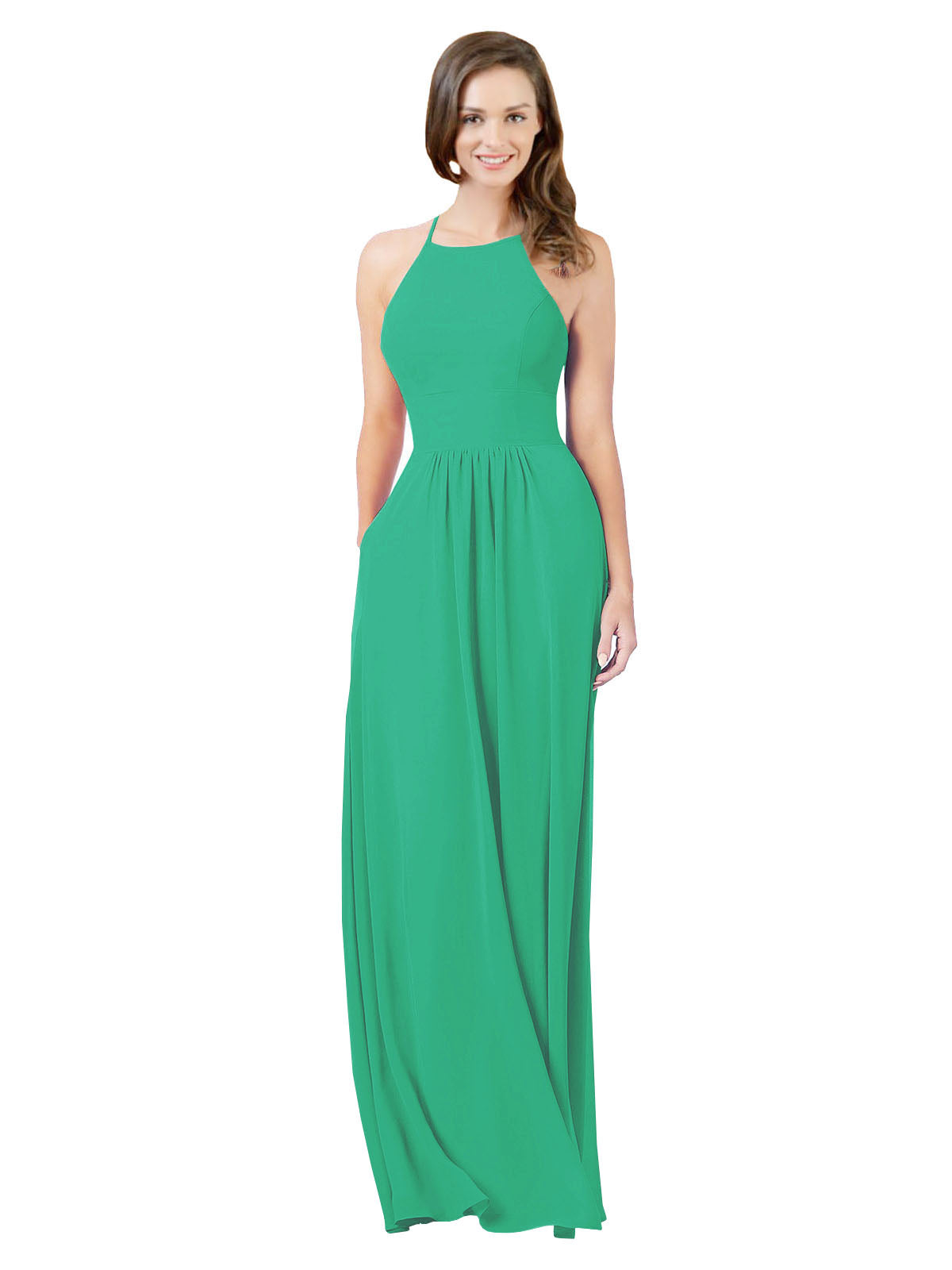 Emerald Green A-Line Halter Sleeveless Long Bridesmaid Dress Cindy