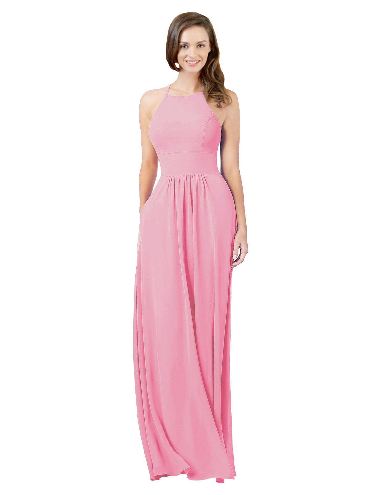 Hot Pink A-Line Halter Sleeveless Long Bridesmaid Dress Cindy