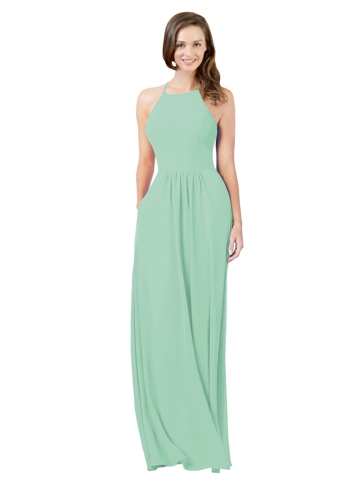 Mint Green A-Line Halter Sleeveless Long Bridesmaid Dress Cindy