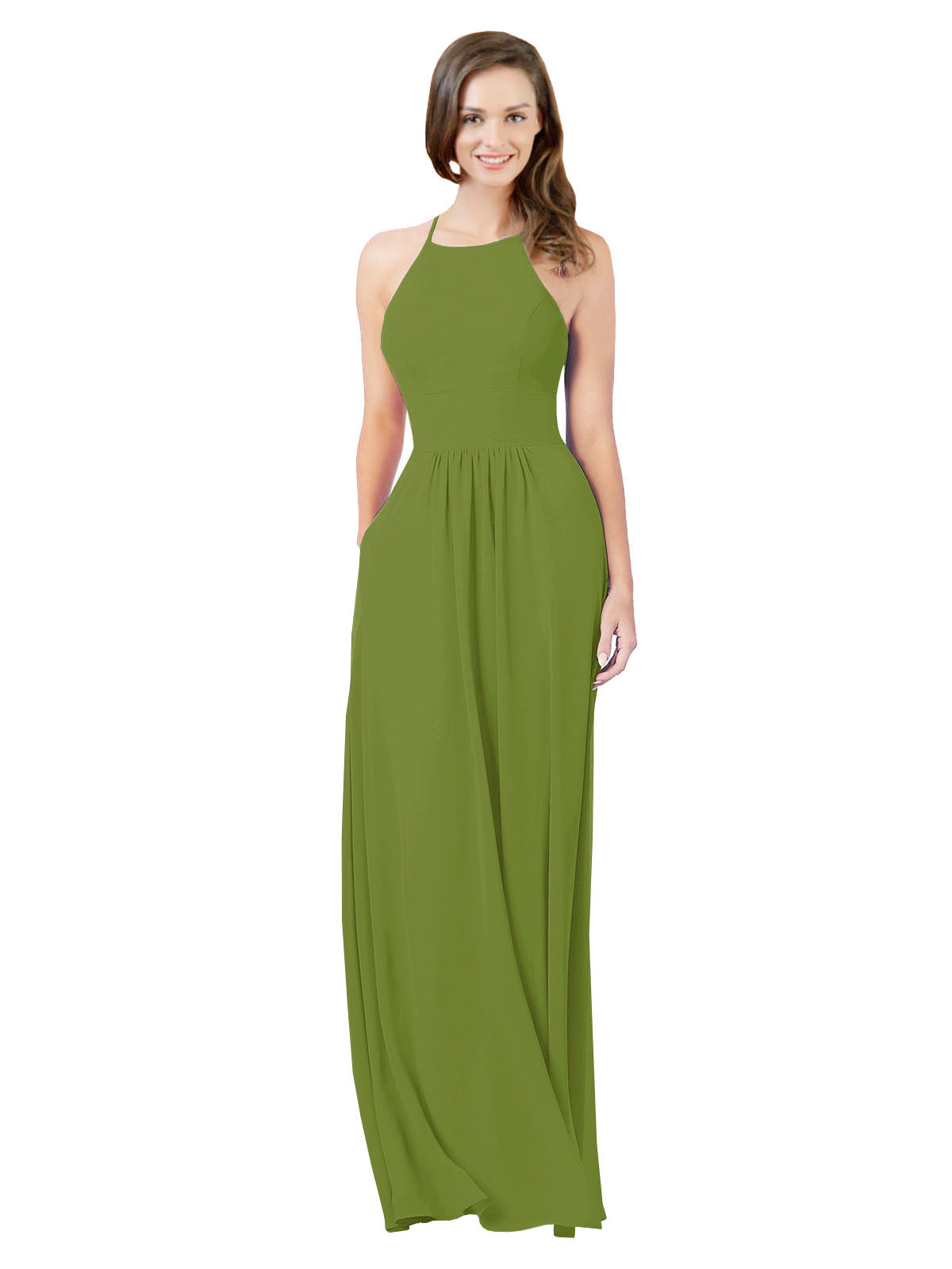Olive Green A-Line Halter Sleeveless Long Bridesmaid Dress Cindy