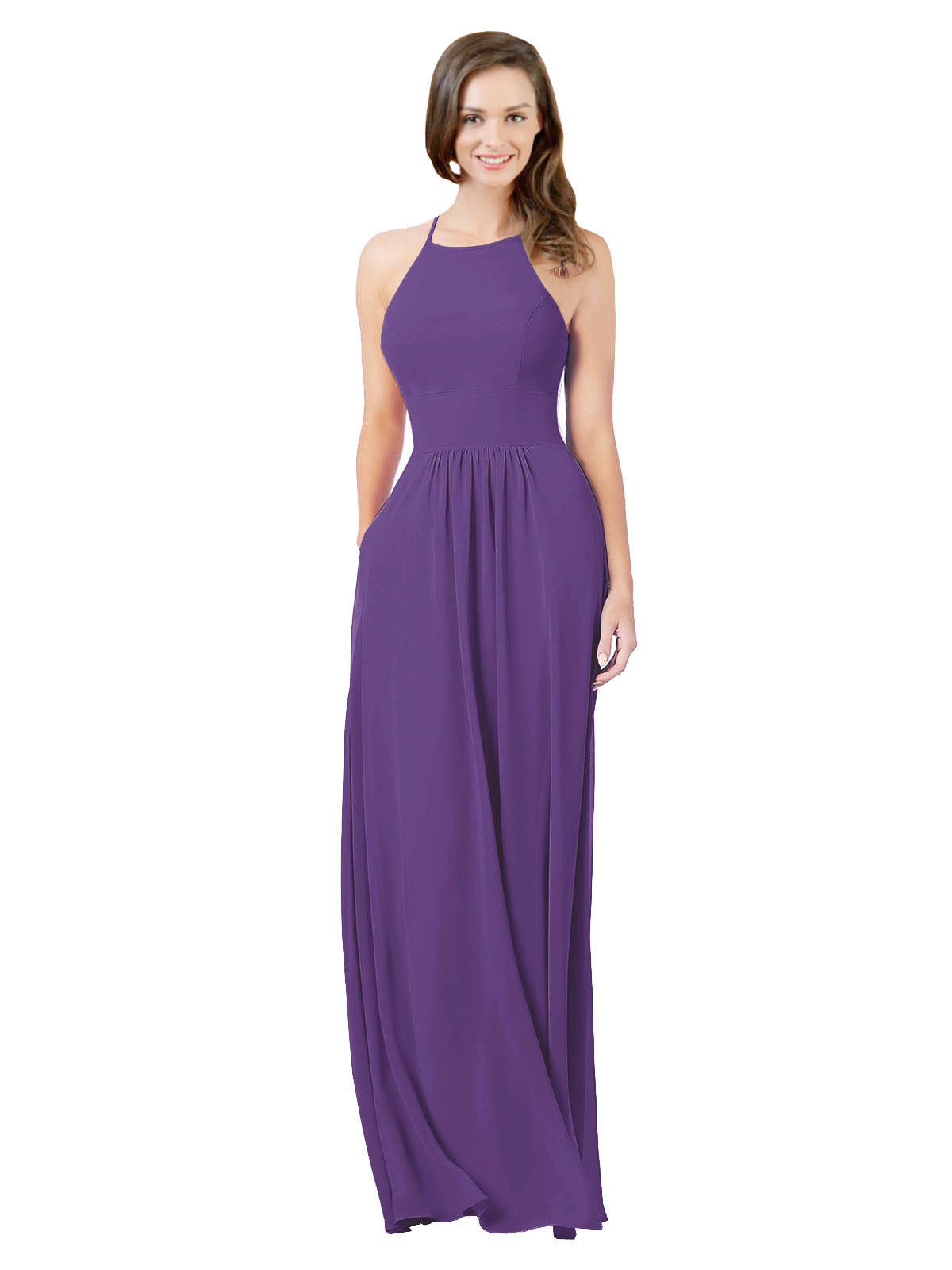 Plum Purple A-Line Halter Sleeveless Long Bridesmaid Dress Cindy