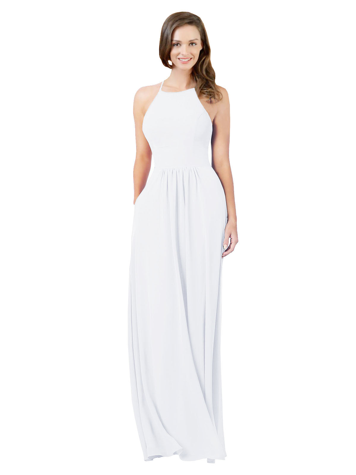 White A-Line Halter Sleeveless Long Bridesmaid Dress Cindy