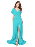 RightBrides Marisol Aqua A-Line V-Neck Cap Sleeves Long Bridesmaid Dress