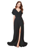 RightBrides Marisol Black A-Line V-Neck Cap Sleeves Long Bridesmaid Dress