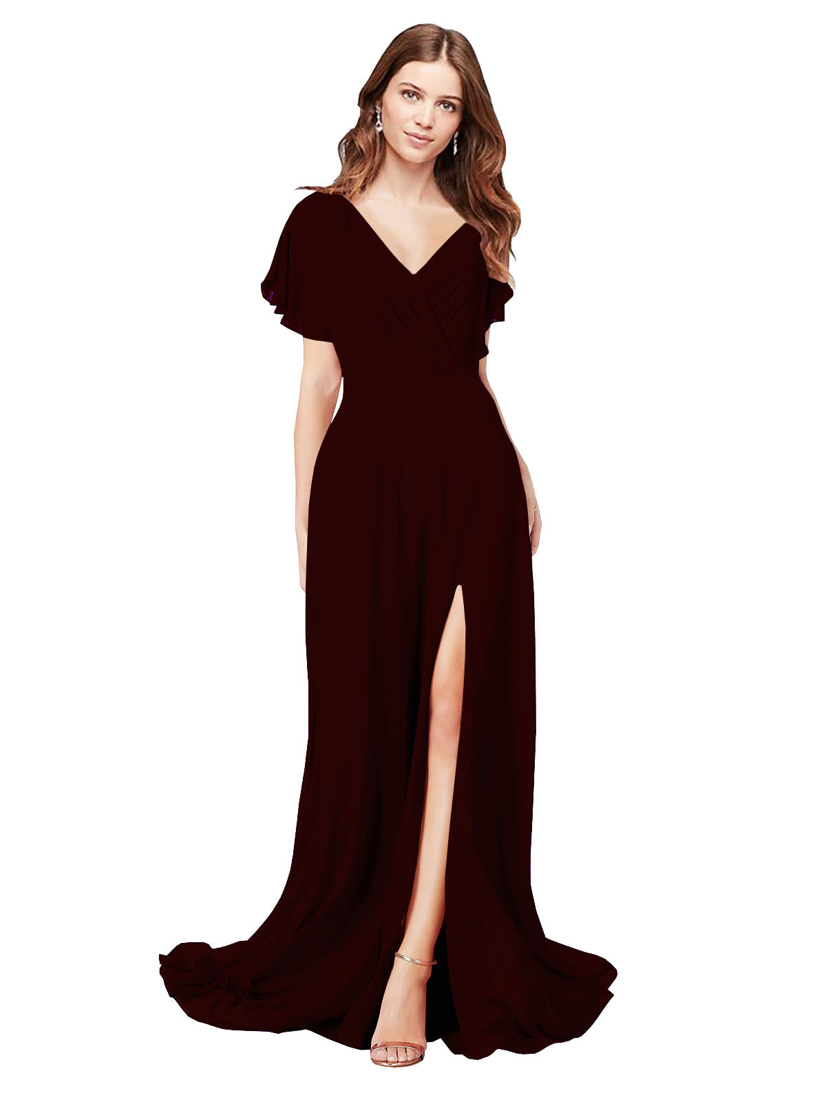 RightBrides Marisol Burgundy Gold A-Line V-Neck Cap Sleeves Long Bridesmaid Dress