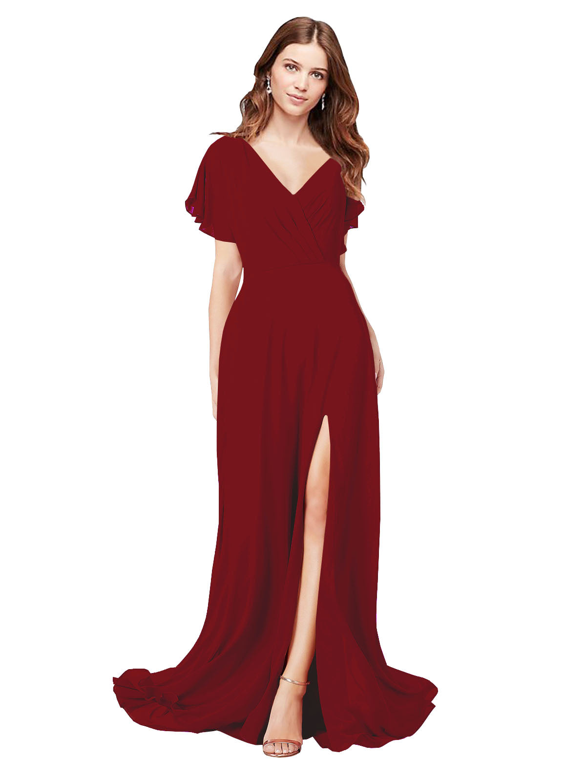 RightBrides Marisol Burgundy A-Line V-Neck Cap Sleeves Long Bridesmaid Dress