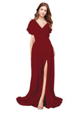 RightBrides Marisol Burgundy A-Line V-Neck Cap Sleeves Long Bridesmaid Dress