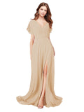 RightBrides Marisol Champagne A-Line V-Neck Cap Sleeves Long Bridesmaid Dress