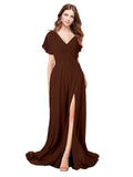 RightBrides Marisol Chocolate A-Line V-Neck Cap Sleeves Long Bridesmaid Dress