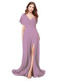 RightBrides Marisol Dark Lavender A-Line V-Neck Cap Sleeves Long Bridesmaid Dress