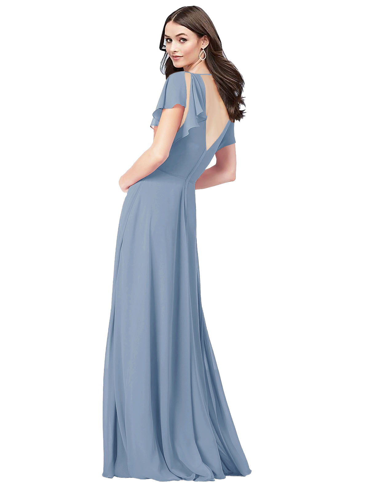 RightBrides Marisol Dusty Blue A-Line V-Neck Cap Sleeves Long Bridesmaid Dress