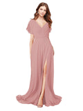 RightBrides Marisol Dusty Pink A-Line V-Neck Cap Sleeves Long Bridesmaid Dress