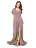 RightBrides Marisol Dusty Rose A-Line V-Neck Cap Sleeves Long Bridesmaid Dress