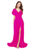 RightBrides Marisol Fuchsia A-Line V-Neck Cap Sleeves Long Bridesmaid Dress