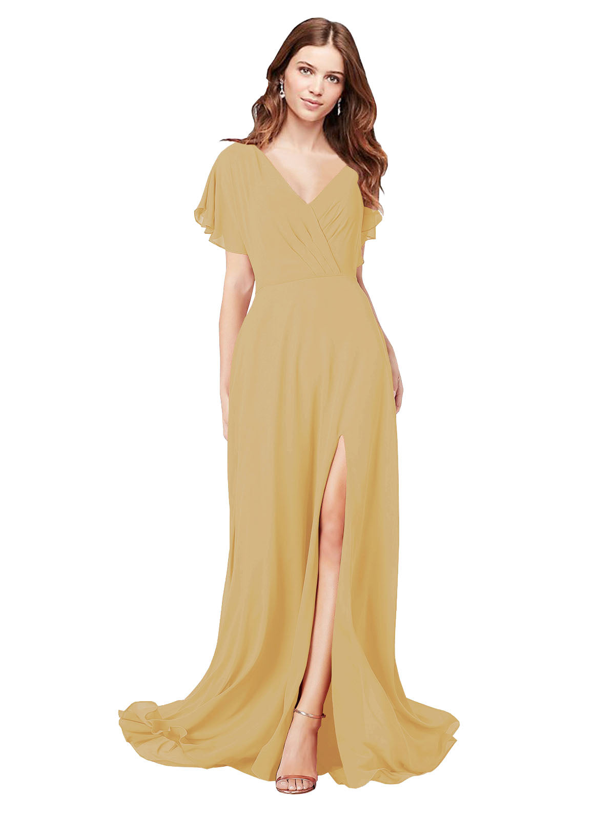 RightBrides Marisol Gold A-Line V-Neck Cap Sleeves Long Bridesmaid Dress