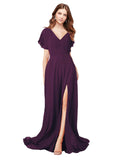 RightBrides Marisol Grape A-Line V-Neck Cap Sleeves Long Bridesmaid Dress