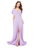 RightBrides Marisol Lilac A-Line V-Neck Cap Sleeves Long Bridesmaid Dress