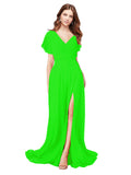 RightBrides Marisol Lime Green A-Line V-Neck Cap Sleeves Long Bridesmaid Dress