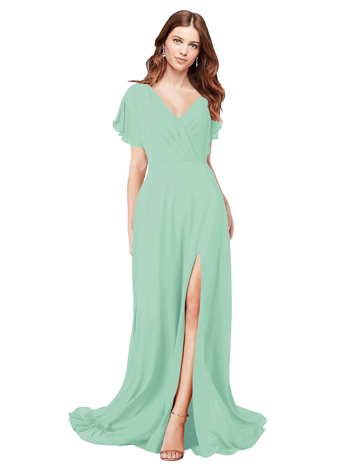 RightBrides Marisol Mint Green A-Line V-Neck Cap Sleeves Long Bridesmaid Dress
