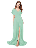 RightBrides Marisol Mint Green A-Line V-Neck Cap Sleeves Long Bridesmaid Dress