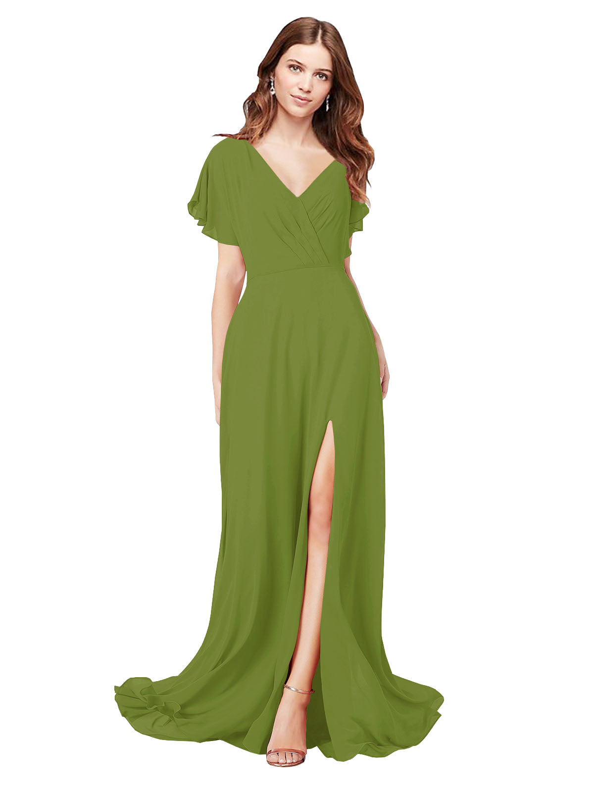 RightBrides Marisol Olive Green A-Line V-Neck Cap Sleeves Long Bridesmaid Dress