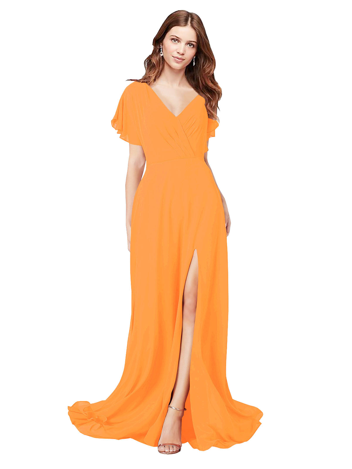 RightBrides Marisol Orange A-Line V-Neck Cap Sleeves Long Bridesmaid Dress