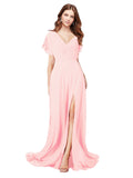 RightBrides Marisol Pink A-Line V-Neck Cap Sleeves Long Bridesmaid Dress