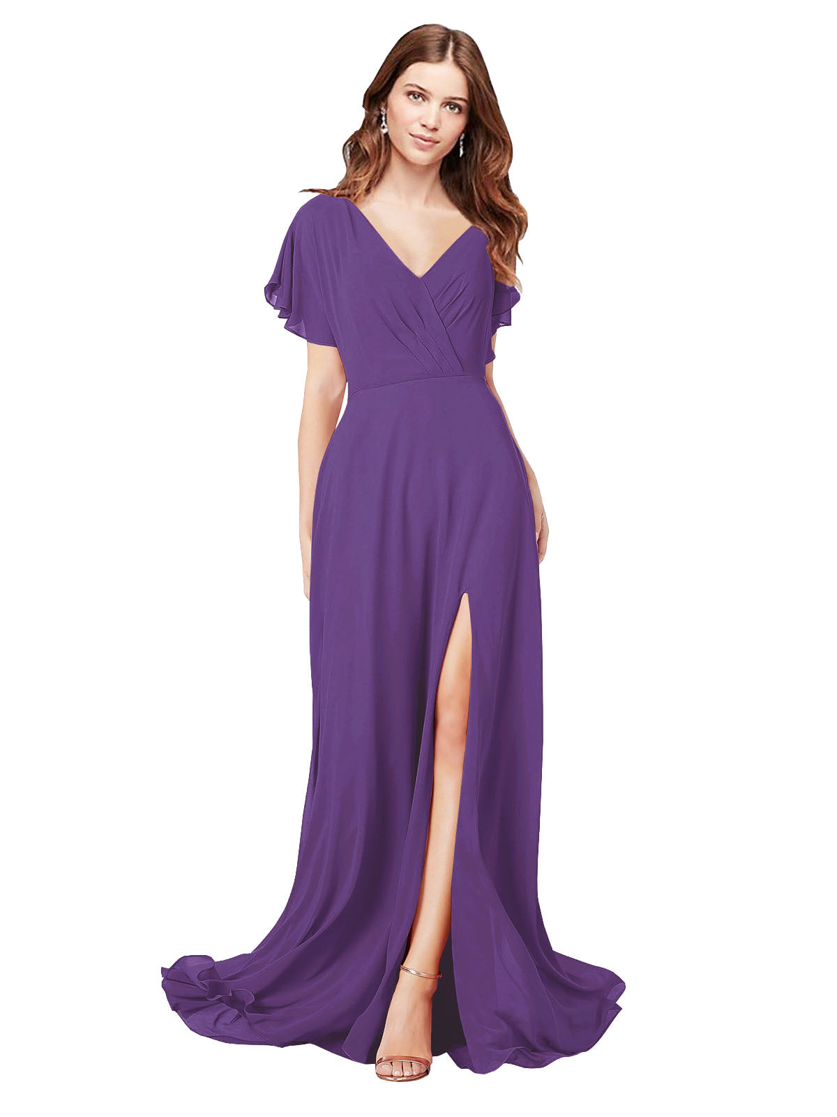RightBrides Marisol Plum Purple A-Line V-Neck Cap Sleeves Long Bridesmaid Dress