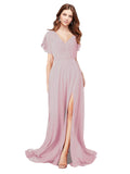 RightBrides Marisol Primrose A-Line V-Neck Cap Sleeves Long Bridesmaid Dress