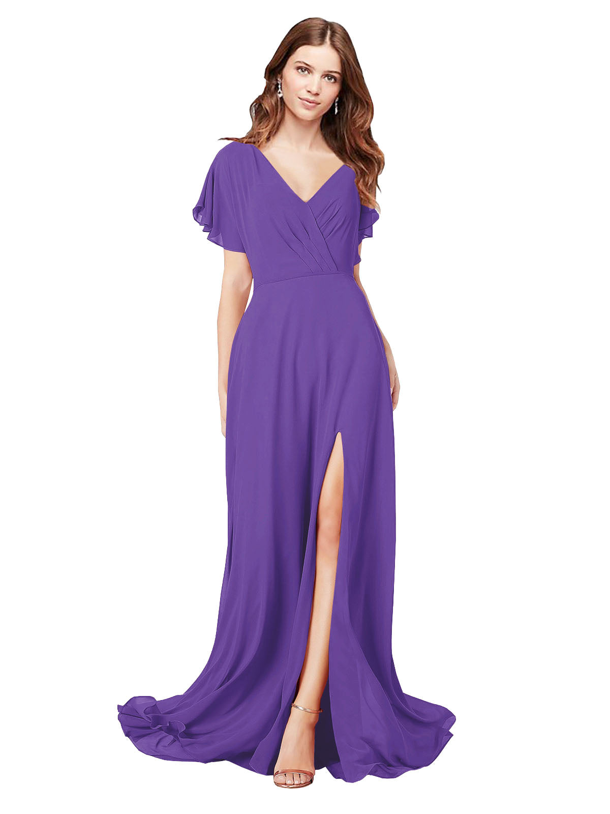 RightBrides Marisol Purple A-Line V-Neck Cap Sleeves Long Bridesmaid Dress