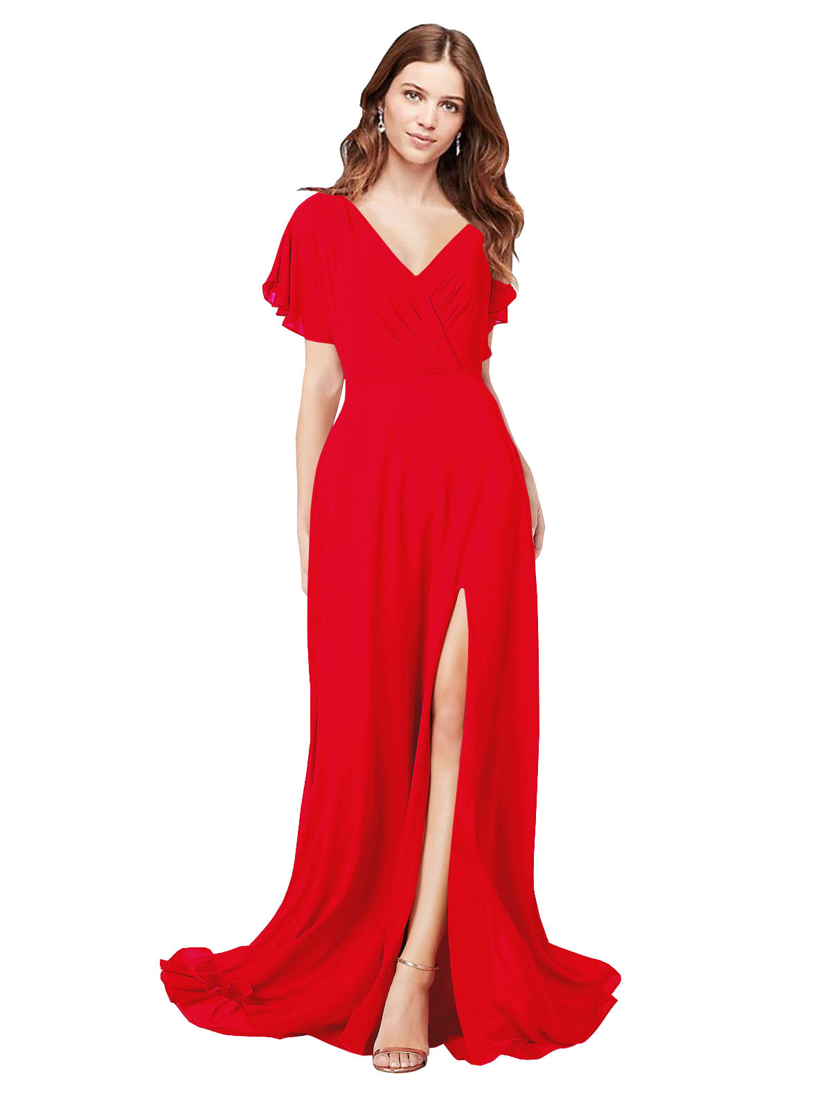 RightBrides Marisol Red A-Line V-Neck Cap Sleeves Long Bridesmaid Dress