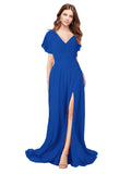 RightBrides Marisol Royal Blue A-Line V-Neck Cap Sleeves Long Bridesmaid Dress