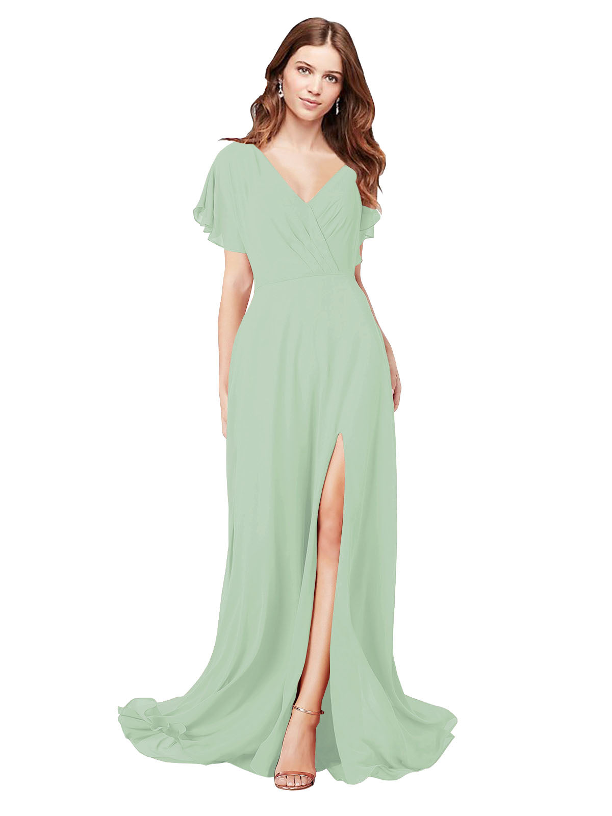 RightBrides Marisol Sage A-Line V-Neck Cap Sleeves Long Bridesmaid Dress