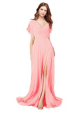 RightBrides Marisol Salmon A-Line V-Neck Cap Sleeves Long Bridesmaid Dress