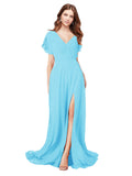 RightBrides Marisol Sky Blue A-Line V-Neck Cap Sleeves Long Bridesmaid Dress