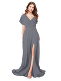 RightBrides Marisol Slate Grey A-Line V-Neck Cap Sleeves Long Bridesmaid Dress