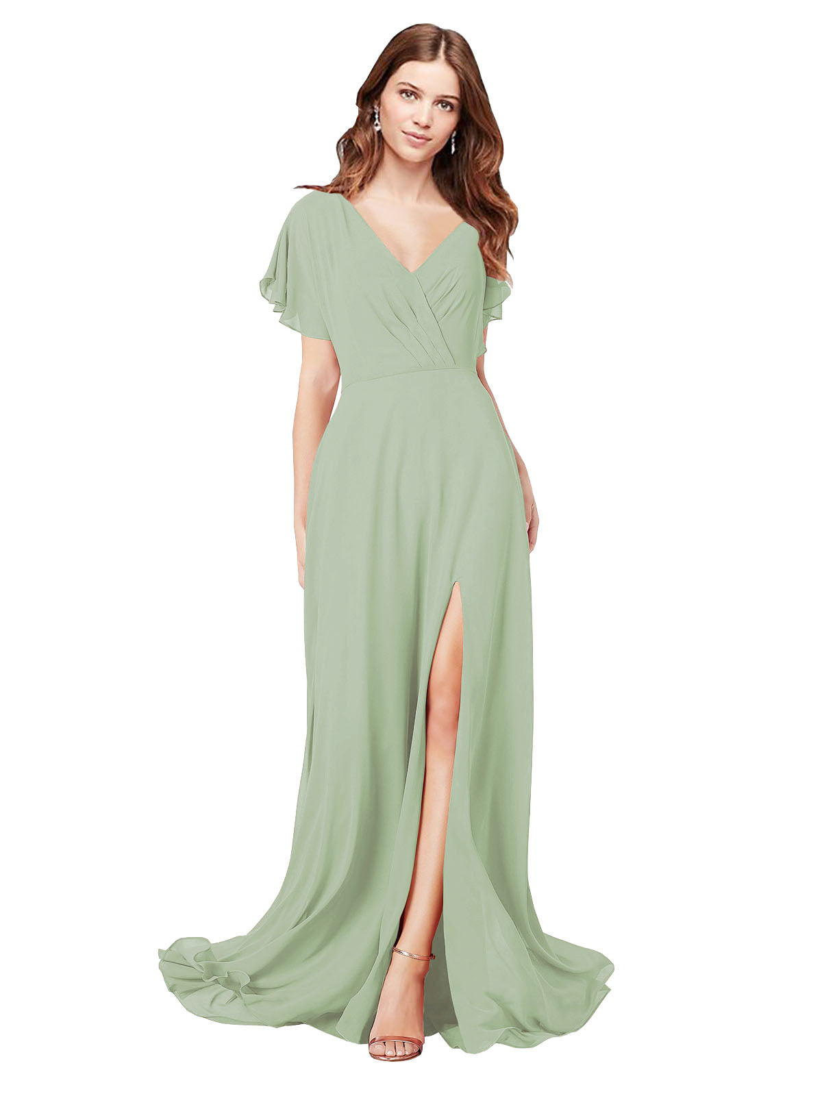 RightBrides Marisol Smoke Green A-Line V-Neck Cap Sleeves Long Bridesmaid Dress