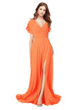 RightBrides Marisol Tangerine Tango A-Line V-Neck Cap Sleeves Long Bridesmaid Dress