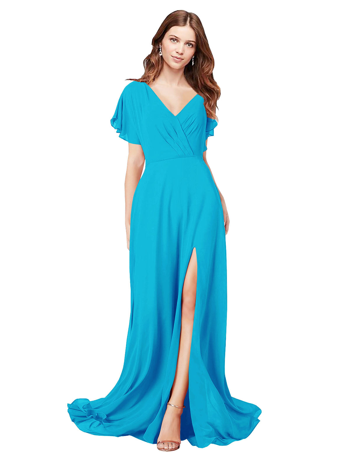 RightBrides Marisol Turquoise A-Line V-Neck Cap Sleeves Long Bridesmaid Dress