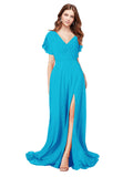 RightBrides Marisol Turquoise A-Line V-Neck Cap Sleeves Long Bridesmaid Dress