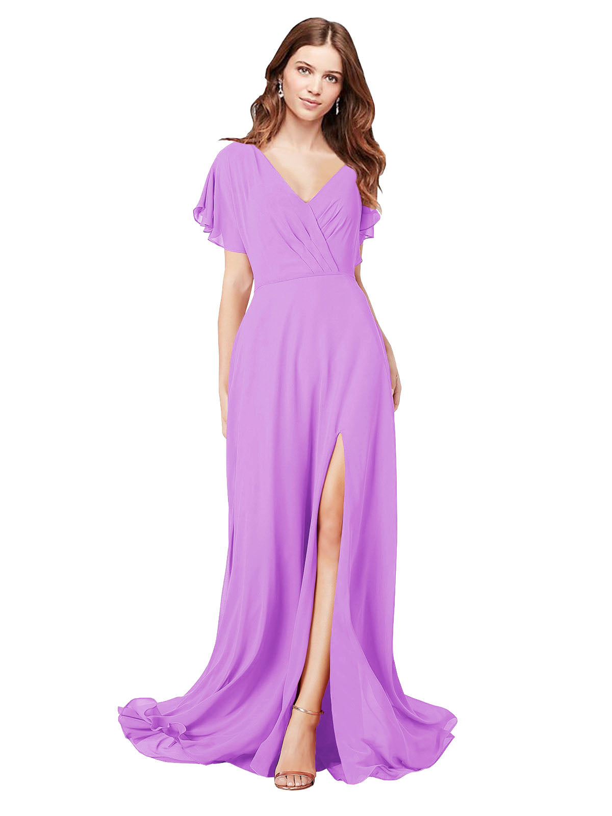 RightBrides Marisol Violet A-Line V-Neck Cap Sleeves Long Bridesmaid Dress