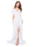 RightBrides Marisol White A-Line V-Neck Cap Sleeves Long Bridesmaid Dress