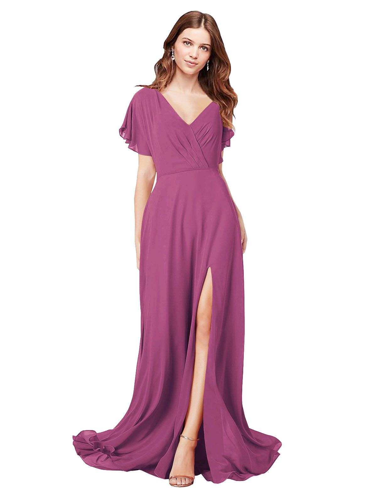 RightBrides Marisol Wild Berry A-Line V-Neck Cap Sleeves Long Bridesmaid Dress