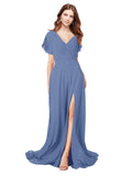 RightBrides Marisol Windsor Blue A-Line V-Neck Cap Sleeves Long Bridesmaid Dress