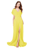 RightBrides Marisol Yellow A-Line V-Neck Cap Sleeves Long Bridesmaid Dress