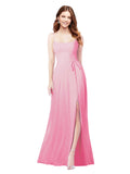 RightBrides Louis Hot Pink Sheath Square Spaghetti Straps Sleeveless Long Bridesmaid Dress