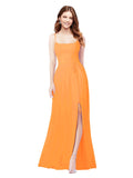 RightBrides Louis Orange Sheath Square Spaghetti Straps Sleeveless Long Bridesmaid Dress